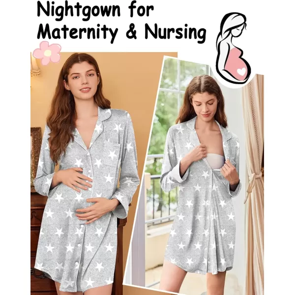 imageEkouaer Nightgowns for Women Long Sleeve Nightshirt Button Down Sleepshirt Nightdress Boyfriend Sleepwear SXXXLGrey White Star