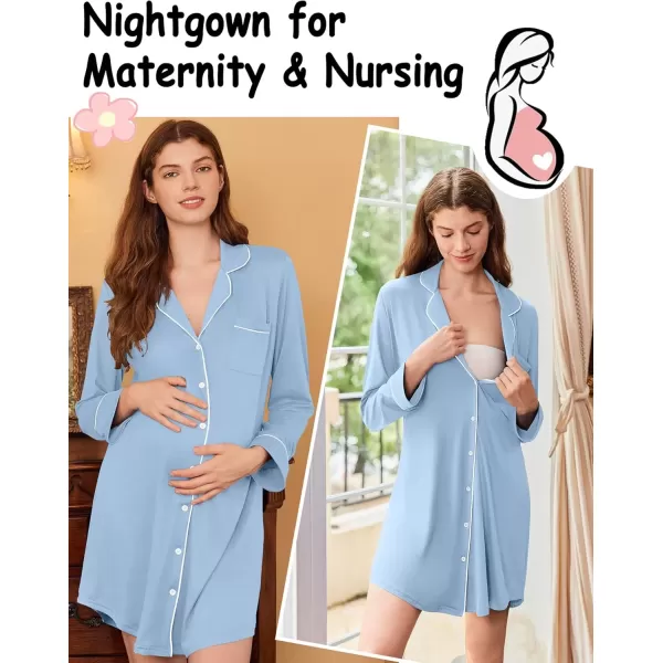 imageEkouaer Nightgowns for Women Long Sleeve Nightshirt Button Down Sleepshirt Nightdress Boyfriend Sleepwear SXXXLLight Blue