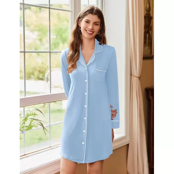 imageEkouaer Nightgowns for Women Long Sleeve Nightshirt Button Down Sleepshirt Nightdress Boyfriend Sleepwear SXXXLLight Blue