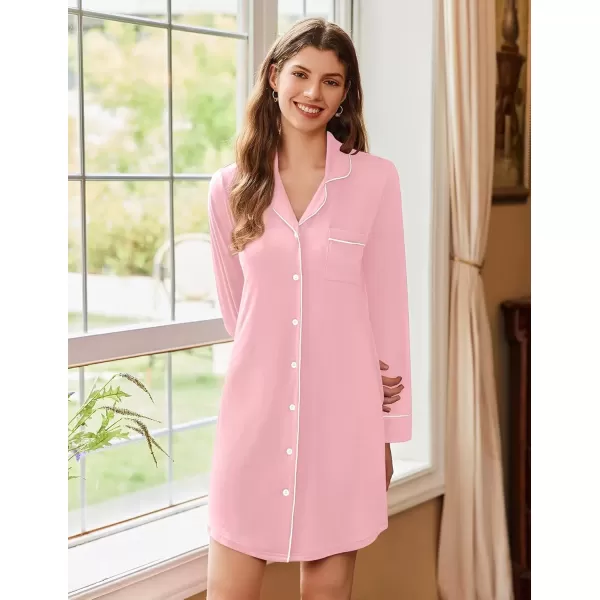 imageEkouaer Nightgowns for Women Long Sleeve Nightshirt Button Down Sleepshirt Nightdress Boyfriend Sleepwear SXXXLLight Pink
