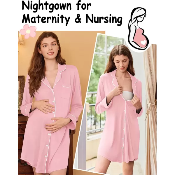 imageEkouaer Nightgowns for Women Long Sleeve Nightshirt Button Down Sleepshirt Nightdress Boyfriend Sleepwear SXXXLLight Pink
