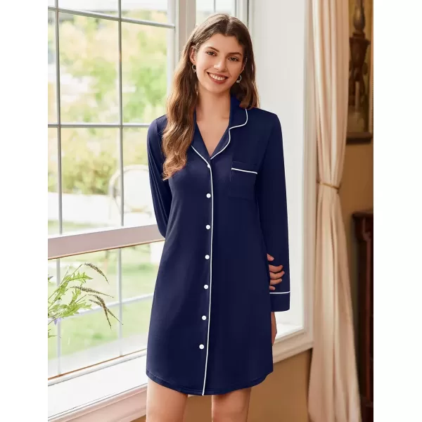 imageEkouaer Nightgowns for Women Long Sleeve Nightshirt Button Down Sleepshirt Nightdress Boyfriend Sleepwear SXXXLNavy Blue