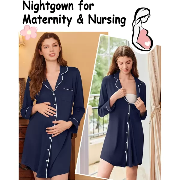imageEkouaer Nightgowns for Women Long Sleeve Nightshirt Button Down Sleepshirt Nightdress Boyfriend Sleepwear SXXXLNavy Blue