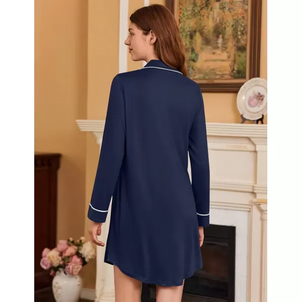 imageEkouaer Nightgowns for Women Long Sleeve Nightshirt Button Down Sleepshirt Nightdress Boyfriend Sleepwear SXXXLNavy Blue
