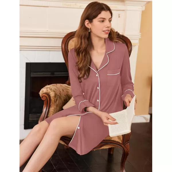 imageEkouaer Nightgowns for Women Long Sleeve Nightshirt Button Down Sleepshirt Nightdress Boyfriend Sleepwear SXXXLPink