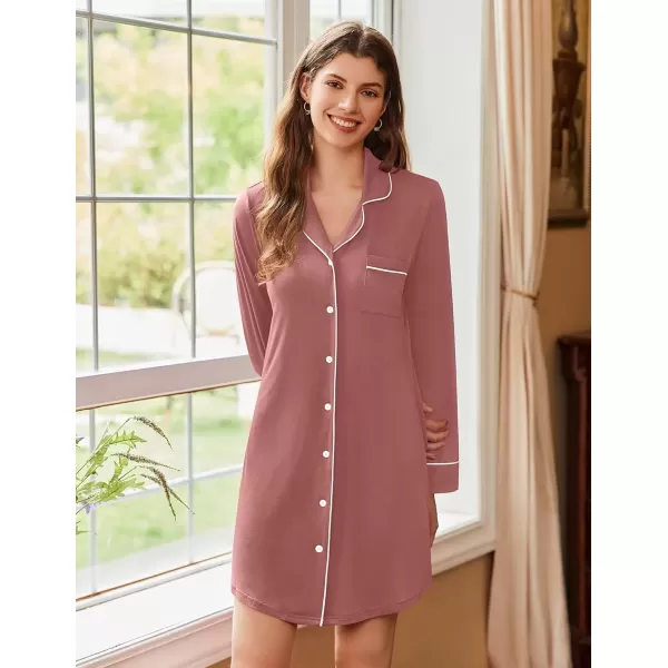 imageEkouaer Nightgowns for Women Long Sleeve Nightshirt Button Down Sleepshirt Nightdress Boyfriend Sleepwear SXXXLPink