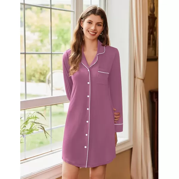 imageEkouaer Nightgowns for Women Long Sleeve Nightshirt Button Down Sleepshirt Nightdress Boyfriend Sleepwear SXXXLPurple