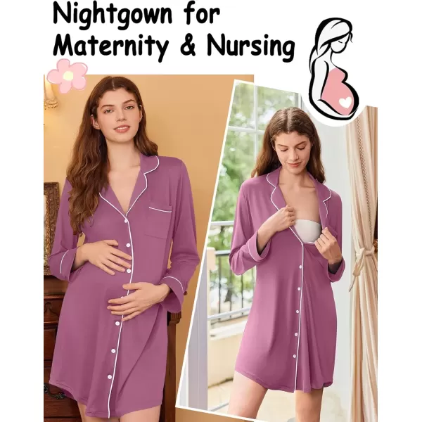 imageEkouaer Nightgowns for Women Long Sleeve Nightshirt Button Down Sleepshirt Nightdress Boyfriend Sleepwear SXXXLPurple