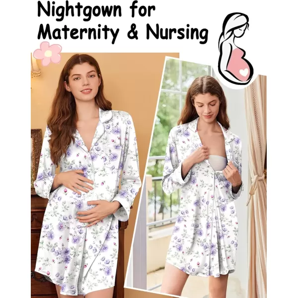 imageEkouaer Nightgowns for Women Long Sleeve Nightshirt Button Down Sleepshirt Nightdress Boyfriend Sleepwear SXXXLWhite Purple Floral