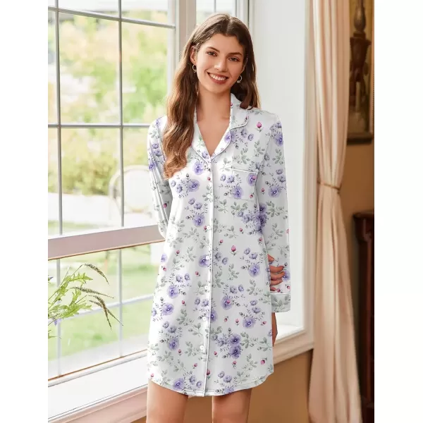 imageEkouaer Nightgowns for Women Long Sleeve Nightshirt Button Down Sleepshirt Nightdress Boyfriend Sleepwear SXXXLWhite Purple Floral