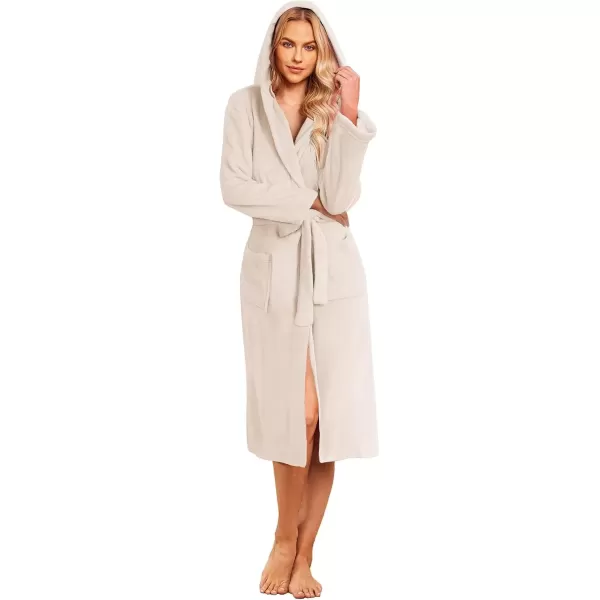 imageEkouaer Plush Robes for Women with Hooded Warm Soft Cozy Long Fleece Bathrobe SXXLBeige