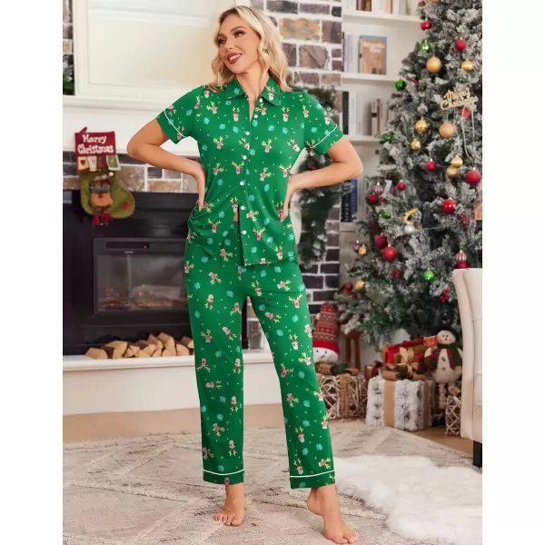 imageEkouaer Women 2 Piece Pajamas Set Button Down Short Sleeve Pjs Set Soft Lounge Set with Long Pants SXXLChristmas Deer