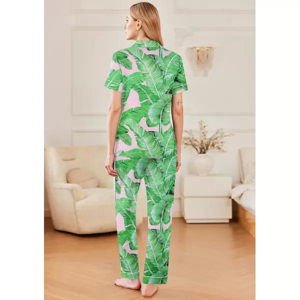 imageEkouaer Women 2 Piece Pajamas Set Button Down Short Sleeve Pjs Set Soft Lounge Set with Long Pants SXXLGreen Leaf