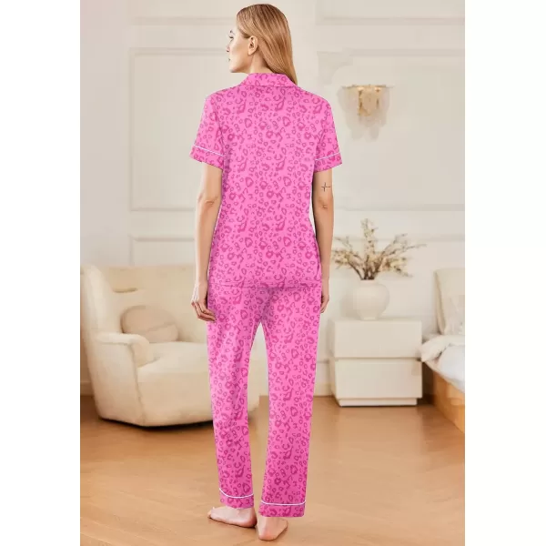 imageEkouaer Women 2 Piece Pajamas Set Button Down Short Sleeve Pjs Set Soft Lounge Set with Long Pants SXXLHot Pink Leopard Print