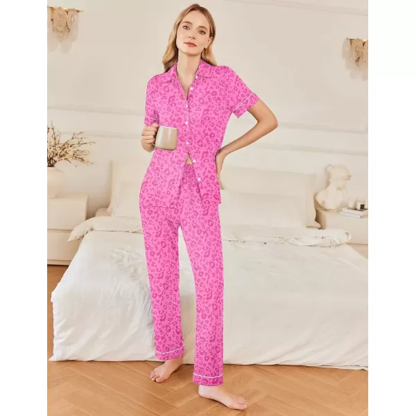 imageEkouaer Women 2 Piece Pajamas Set Button Down Short Sleeve Pjs Set Soft Lounge Set with Long Pants SXXLHot Pink Leopard Print