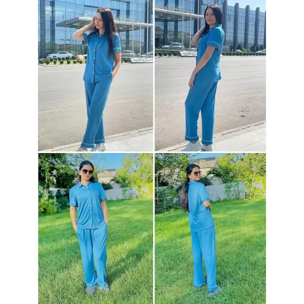 imageEkouaer Women 2 Piece Pajamas Set Button Down Short Sleeve Pjs Set Soft Lounge Set with Long Pants SXXLLake Blue