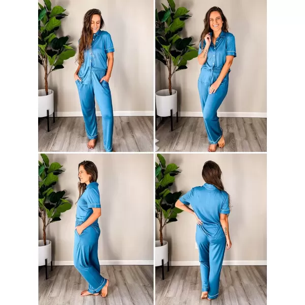 imageEkouaer Women 2 Piece Pajamas Set Button Down Short Sleeve Pjs Set Soft Lounge Set with Long Pants SXXLLake Blue