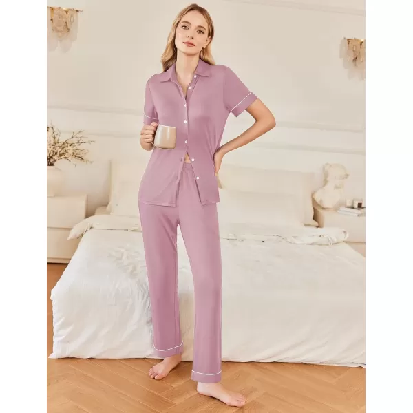 imageEkouaer Women 2 Piece Pajamas Set Button Down Short Sleeve Pjs Set Soft Lounge Set with Long Pants SXXLMauvepink