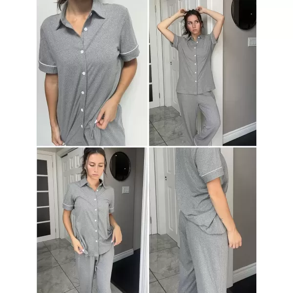 imageEkouaer Women 2 Piece Pajamas Set Button Down Short Sleeve Pjs Set Soft Lounge Set with Long Pants SXXLMid Grey