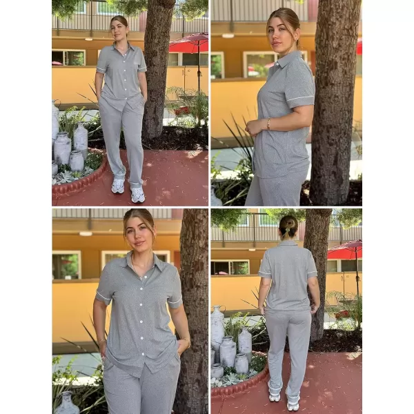 imageEkouaer Women 2 Piece Pajamas Set Button Down Short Sleeve Pjs Set Soft Lounge Set with Long Pants SXXLMid Grey