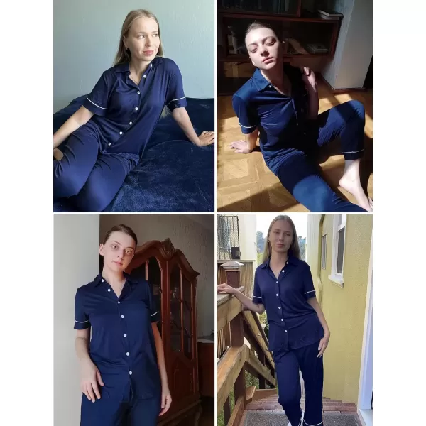 imageEkouaer Women 2 Piece Pajamas Set Button Down Short Sleeve Pjs Set Soft Lounge Set with Long Pants SXXLNavy Blue