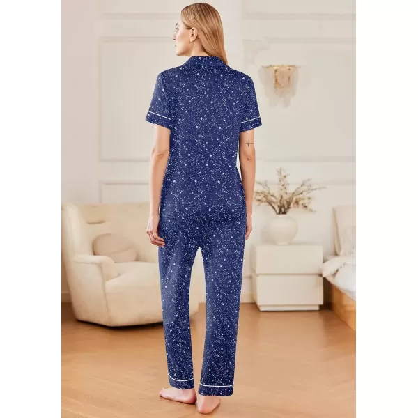 imageEkouaer Women 2 Piece Pajamas Set Button Down Short Sleeve Pjs Set Soft Lounge Set with Long Pants SXXLNavy Bluestar