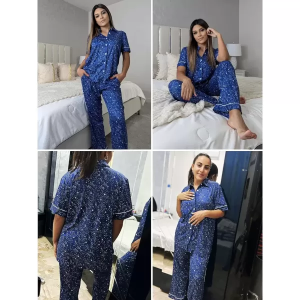 imageEkouaer Women 2 Piece Pajamas Set Button Down Short Sleeve Pjs Set Soft Lounge Set with Long Pants SXXLNavy Bluestar