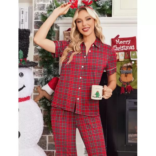 imageEkouaer Women 2 Piece Pajamas Set Button Down Short Sleeve Pjs Set Soft Lounge Set with Long Pants SXXLRed Green Plaid