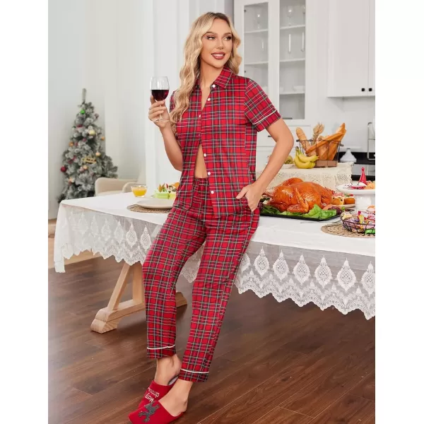 imageEkouaer Women 2 Piece Pajamas Set Button Down Short Sleeve Pjs Set Soft Lounge Set with Long Pants SXXLRed Green Plaid