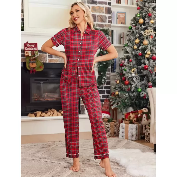 imageEkouaer Women 2 Piece Pajamas Set Button Down Short Sleeve Pjs Set Soft Lounge Set with Long Pants SXXLRed Green Plaid