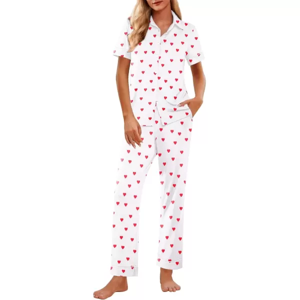 imageEkouaer Women 2 Piece Pajamas Set Button Down Short Sleeve Pjs Set Soft Lounge Set with Long Pants SXXLWhitered Heart