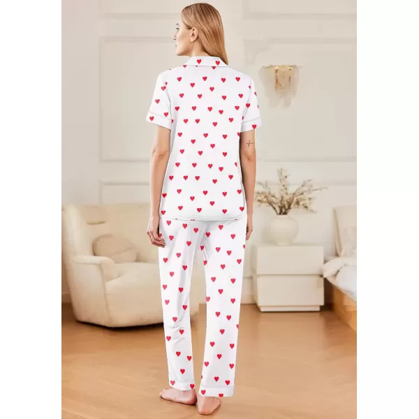 imageEkouaer Women 2 Piece Pajamas Set Button Down Short Sleeve Pjs Set Soft Lounge Set with Long Pants SXXLWhitered Heart