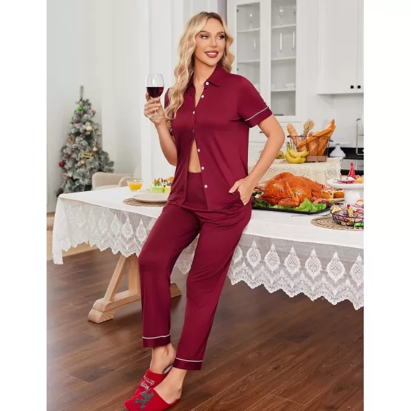 imageEkouaer Women 2 Piece Pajamas Set Button Down Short Sleeve Pjs Set Soft Lounge Set with Long Pants SXXLWine Red