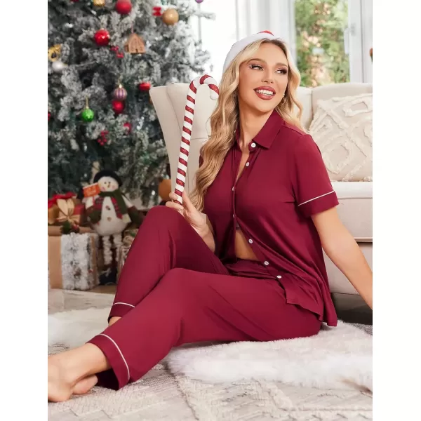 imageEkouaer Women 2 Piece Pajamas Set Button Down Short Sleeve Pjs Set Soft Lounge Set with Long Pants SXXLWine Red