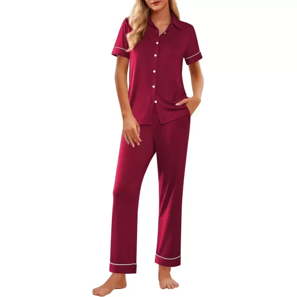 imageEkouaer Women 2 Piece Pajamas Set Button Down Short Sleeve Pjs Set Soft Lounge Set with Long Pants SXXLWine Red