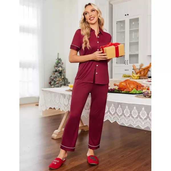 imageEkouaer Women 2 Piece Pajamas Set Button Down Short Sleeve Pjs Set Soft Lounge Set with Long Pants SXXLWine Red