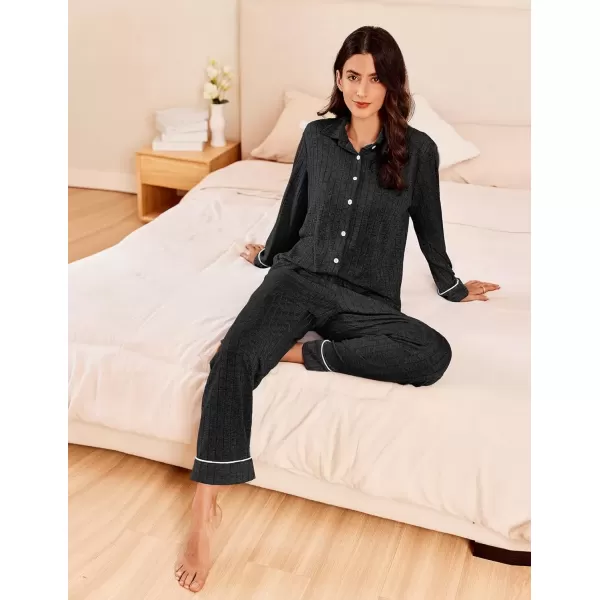 imageEkouaer Womens Pajama Sets Long Sleeve Sleepwear Button Down Loungewear Soft 2 Piece Pj Set with PocketsBlack