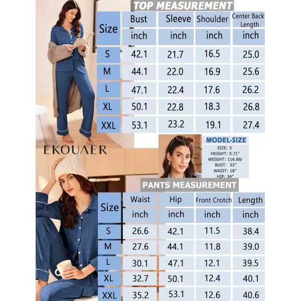 imageEkouaer Womens Pajama Sets Long Sleeve Sleepwear Button Down Loungewear Soft 2 Piece Pj Set with PocketsBlue