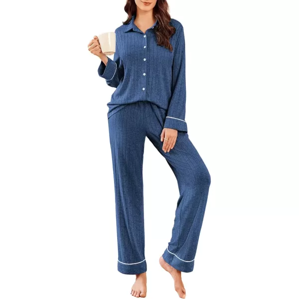 imageEkouaer Womens Pajama Sets Long Sleeve Sleepwear Button Down Loungewear Soft 2 Piece Pj Set with PocketsBlue