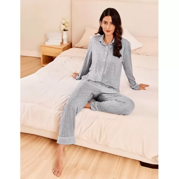 imageEkouaer Womens Pajama Sets Long Sleeve Sleepwear Button Down Loungewear Soft 2 Piece Pj Set with PocketsLight Grey