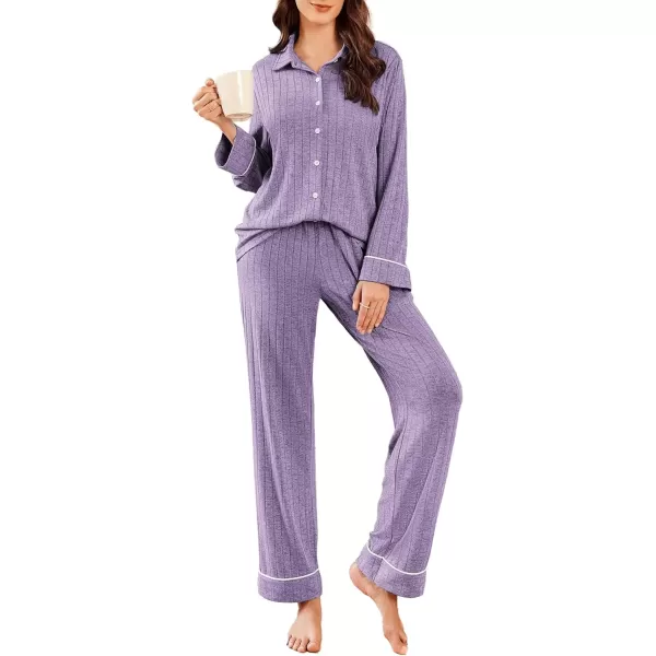 imageEkouaer Womens Pajama Sets Long Sleeve Sleepwear Button Down Loungewear Soft 2 Piece Pj Set with PocketsPurple