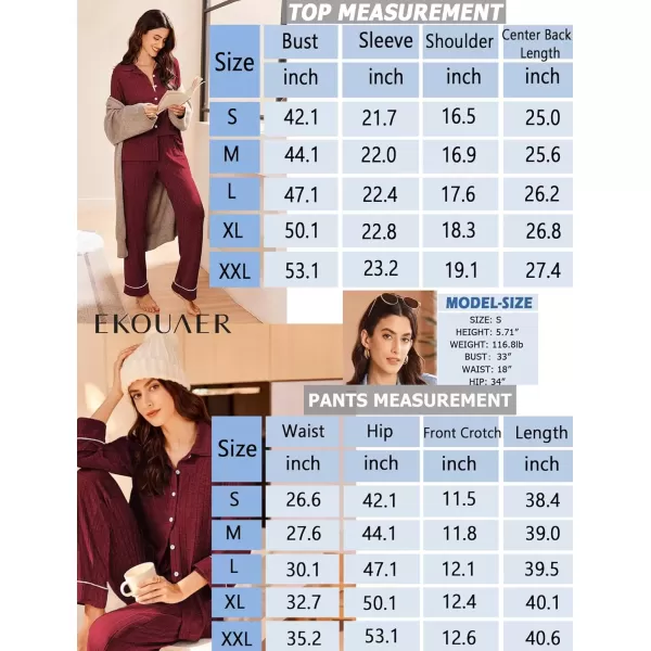 imageEkouaer Womens Pajama Sets Long Sleeve Sleepwear Button Down Loungewear Soft 2 Piece Pj Set with PocketsWine Red