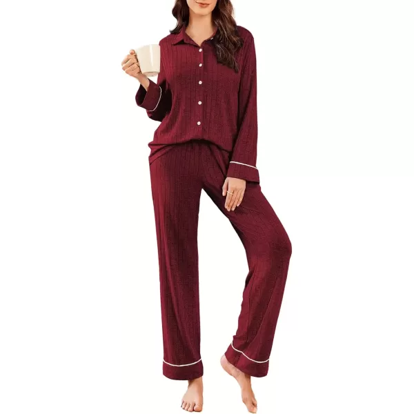 imageEkouaer Womens Pajama Sets Long Sleeve Sleepwear Button Down Loungewear Soft 2 Piece Pj Set with PocketsWine Red