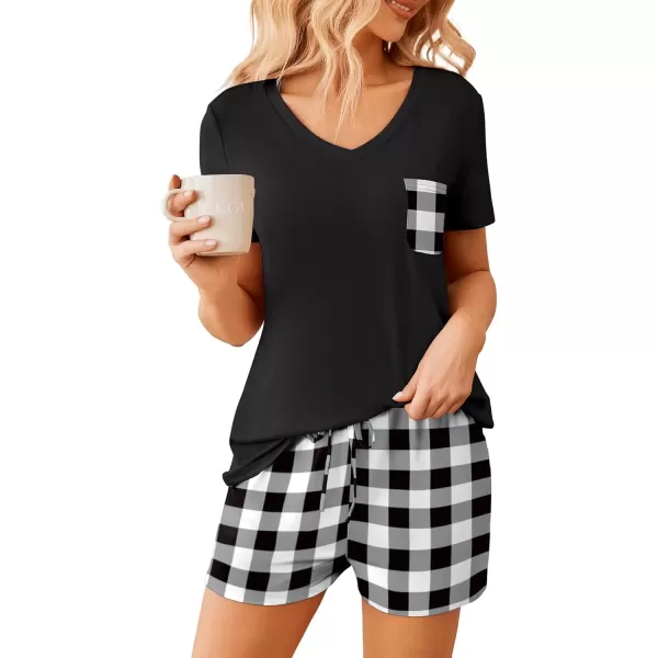 imageEkouaer Womens Pajama Sets Short Sleeve Pajamas for Women Sets Soft Lounge Sets Casual V Neck Sleepwear PJSBlack and White Plaid