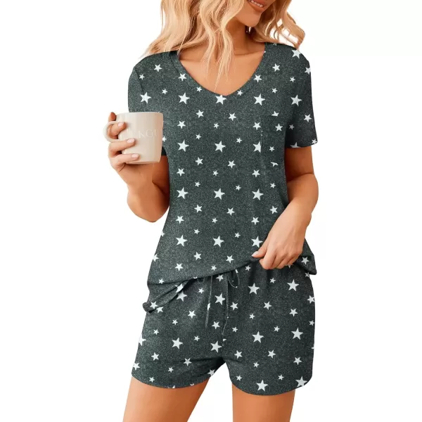 imageEkouaer Womens Pajama Sets Short Sleeve Pajamas for Women Sets Soft Lounge Sets Casual V Neck Sleepwear PJSDark Gray Stars