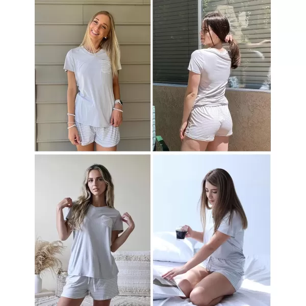 imageEkouaer Womens Pajama Sets Short Sleeve Pajamas for Women Sets Soft Lounge Sets Casual V Neck Sleepwear PJSGray and White Stripes