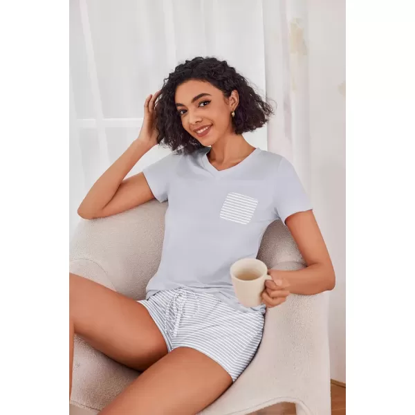 imageEkouaer Womens Pajama Sets Short Sleeve Pajamas for Women Sets Soft Lounge Sets Casual V Neck Sleepwear PJSGray and White Stripes