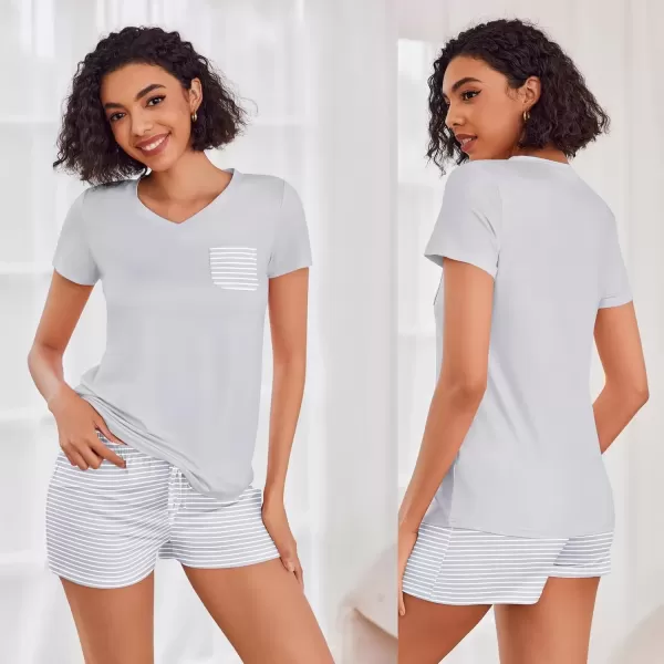 imageEkouaer Womens Pajama Sets Short Sleeve Pajamas for Women Sets Soft Lounge Sets Casual V Neck Sleepwear PJSGray and White Stripes