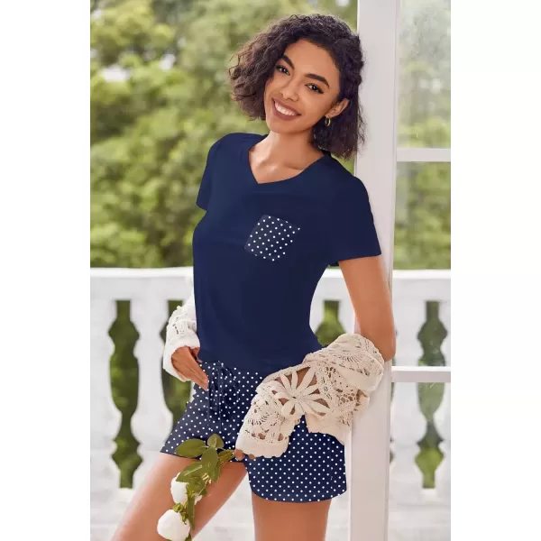 imageEkouaer Womens Pajama Sets Short Sleeve Pajamas for Women Sets Soft Lounge Sets Casual V Neck Sleepwear PJSNavy Blue Polka Dots