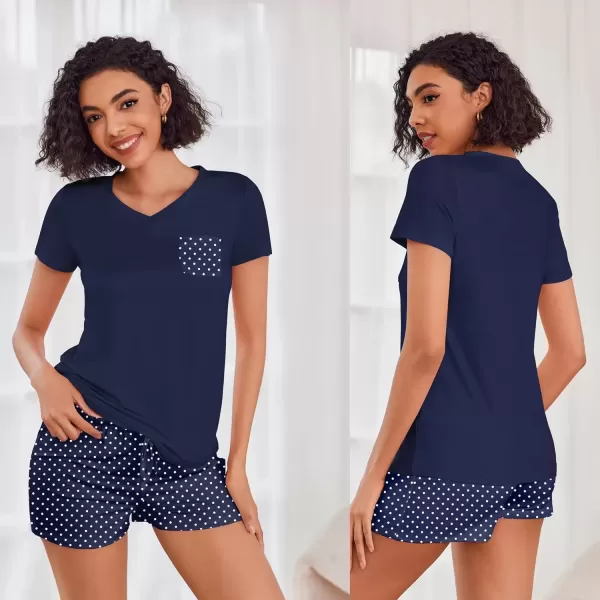 imageEkouaer Womens Pajama Sets Short Sleeve Pajamas for Women Sets Soft Lounge Sets Casual V Neck Sleepwear PJSNavy Blue Polka Dots